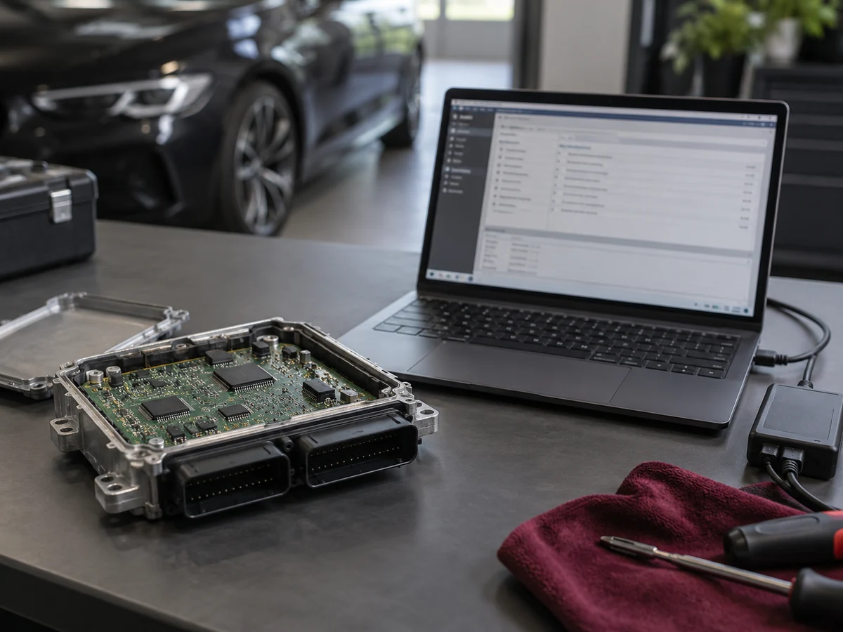 Softwaremotiv: elektronisches Steuergerät neben einem Laptop